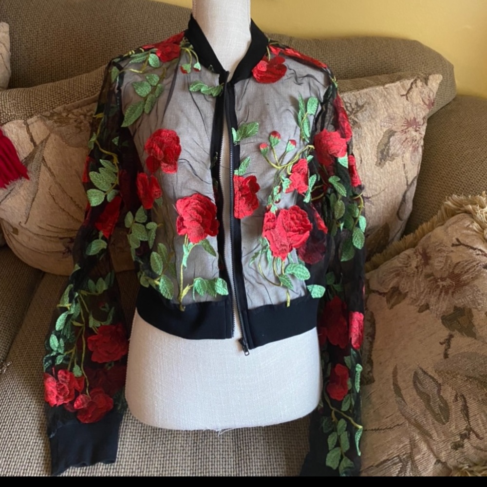 Fashion Nova Embroidered Rose Mesh Bomber-Black.